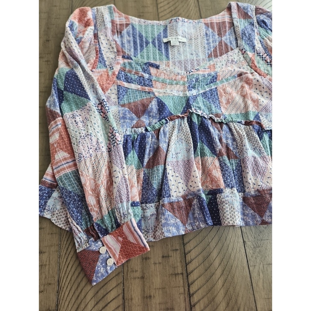 American Eagle Blouse M Pink Patchwork Babydoll Cropped Boho CottageCore Gauzey - Picture 14 of 14